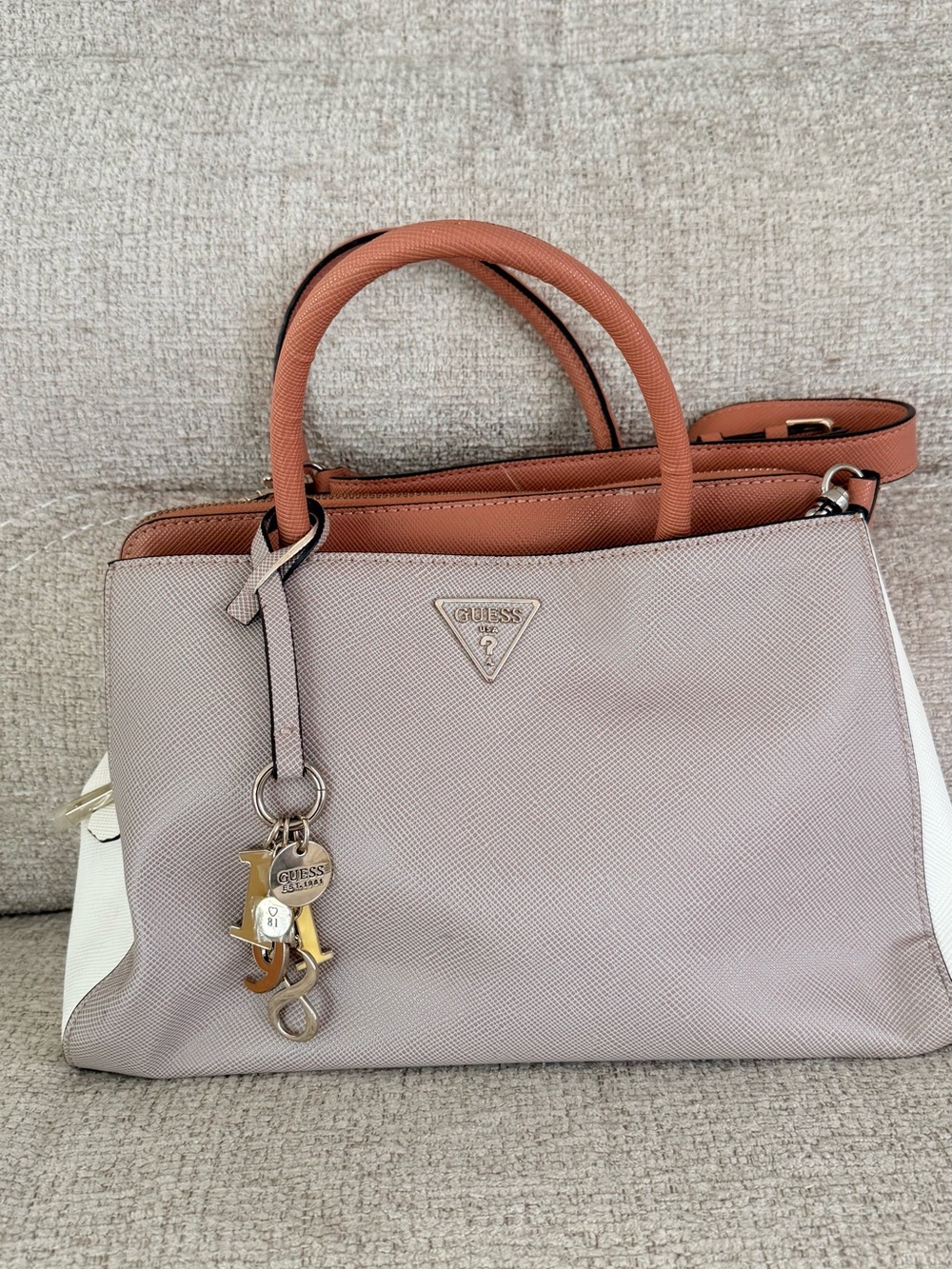 GUESS Taupe Satchel with Tan Handles and White Sides
